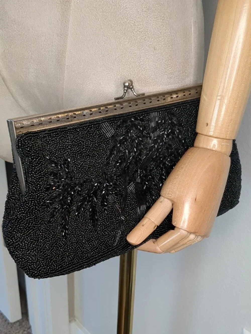 Vintage 50s Hand Beaded Black Evening Bag Clutch Silver Frame Purse Mid Century